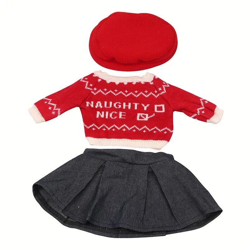 Roupas de boneca americana 3 peças, chapéu vermelho + suéter + saia, conjunto de roupas para 43cm, bebê bron & rebron, acessórios de bonecas para brinquedo