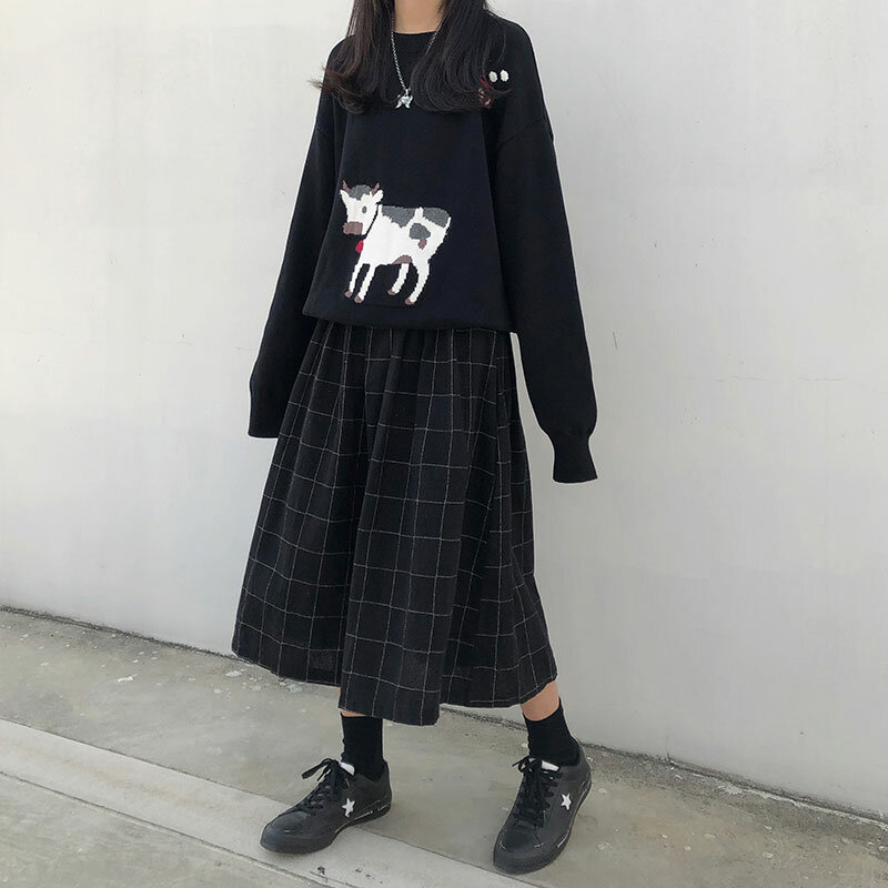 2 الألوان اليابانية نمط عالية مرونة الخصر التنانير الطويلة امرأة 2019 الخريف الشتاء منقوشة ألف خط مطوي التنانير إمرأة (X1078)