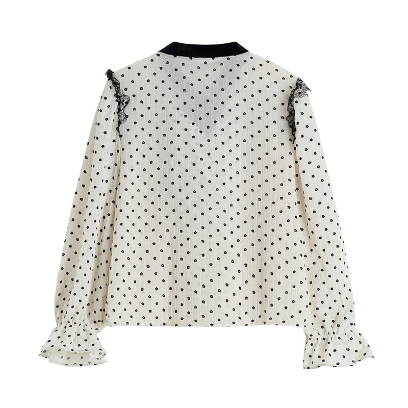 Blusa de estilo francés para mujer, camisa de manga larga con un solo pecho y lazo de encaje empalmado, holgada y dulce, Tops Chic 2021