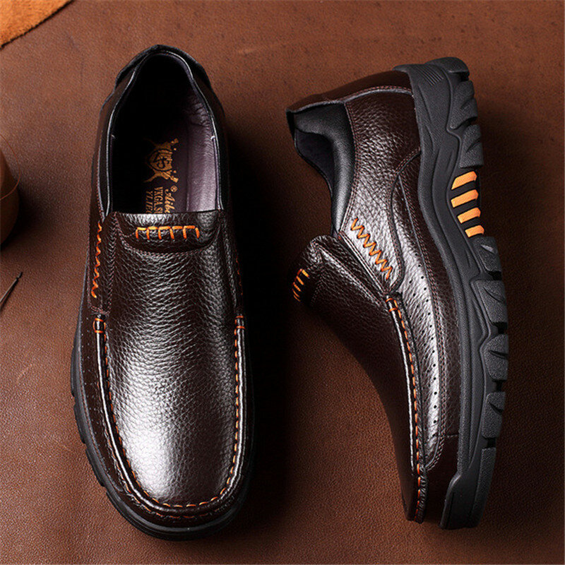 2021 новые мужские туфли из натуральной кожи; Размеры 38–46 кожаные мягкие носки с противоскользящим покрытием, без шнуровки, обувь для вождени...