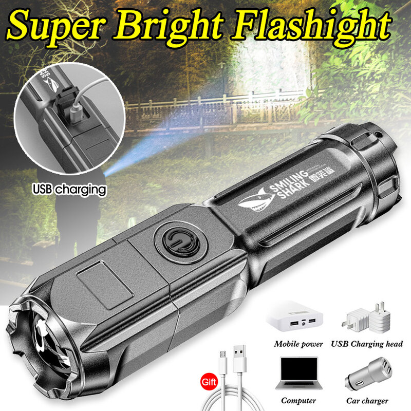 Lampe de poche LED Ultra brillante ABS, forte lumière, mise au point, Flash, Zoom Rechargeable, Forces au xénon, torche multifonction pour l'extérieur
