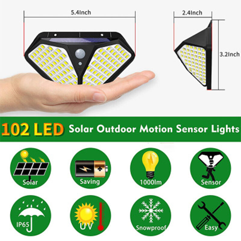 102 led solar luz ao ar livre lâmpada alimentado luz solar 3 modos pir sensor de movimento para jardim decoração parede rua