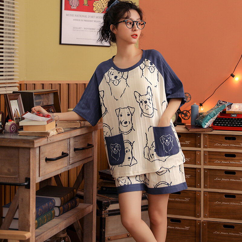 Pijamas de algodão puro feminino, duas peças de roupa para mulheres, estilo coreano, primavera e outono