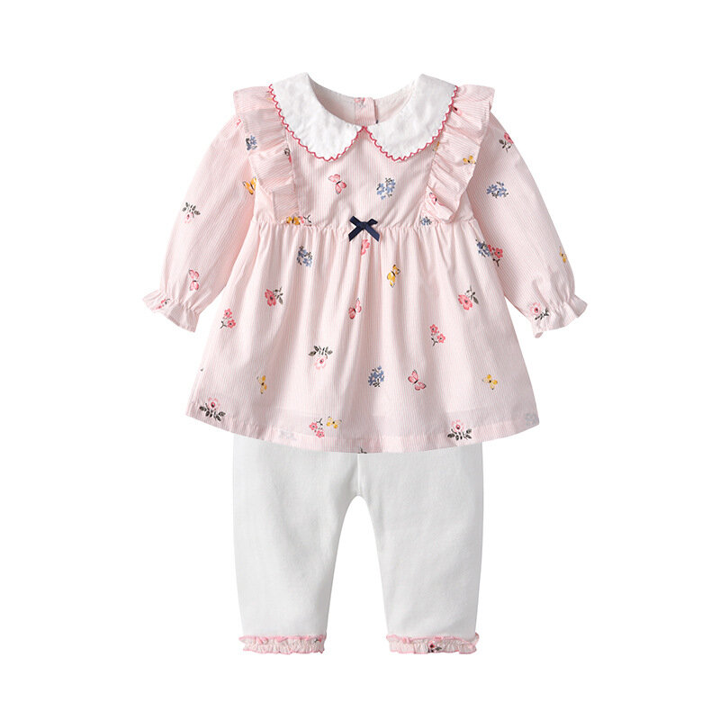 Yg 브랜드 아동 의류 2021 봄과 여름 새로운 아기 옷, 사랑스러운 인쇄 아기 칼라 탑 + 흰색 바지 두 조각 Gir