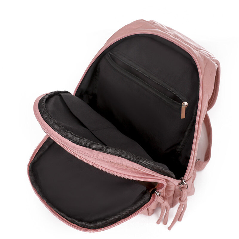 Mochila de couro macio feminina, bolsa de viagem com alça fashion bordada para meninas
