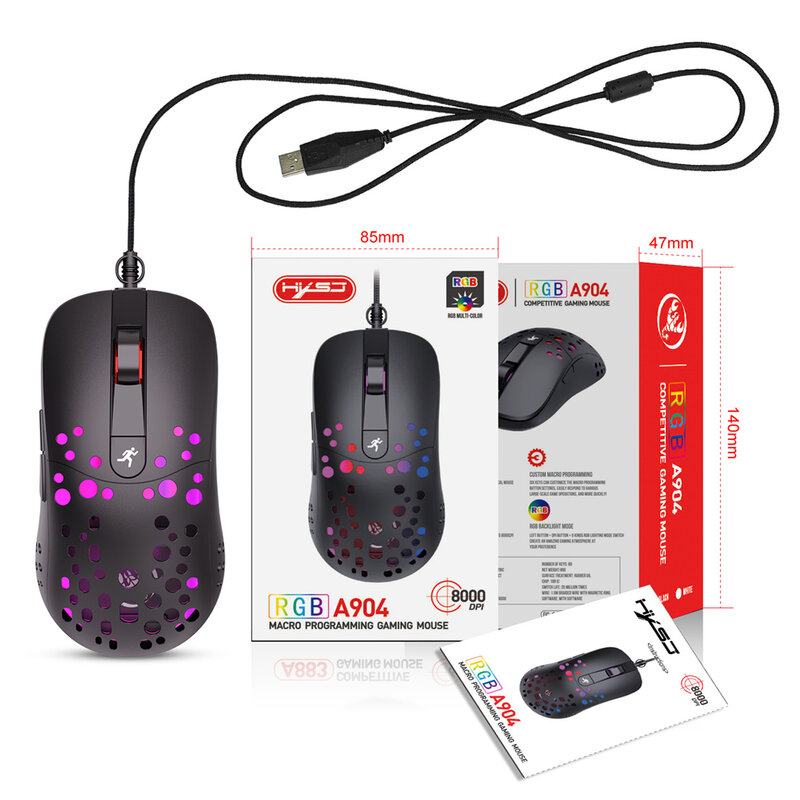 Mouse gamer 6d ajustável, 8000dpi, com fio, macro programação, ótica, led