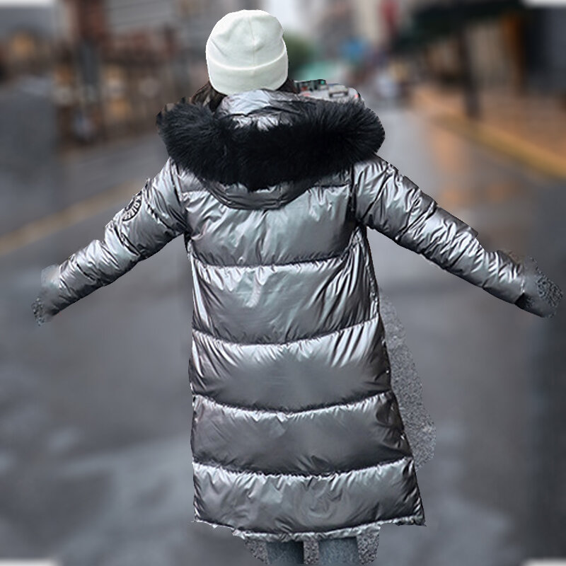 X-롱 오버 사이즈 블루 다운 재킷 모피 견장 캐주얼 다운 코트 후드 솔리드 Piumini Donna 여성용, 두꺼운, 겨울, 2020