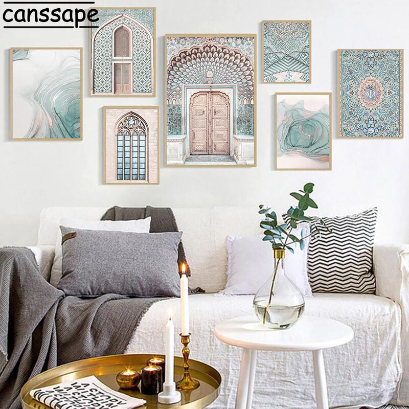 이슬람 건축 캔버스, 모스크 회화 모로코 포스터 및 인쇄 북유럽 벽 예술 그림 장식 거실 장식