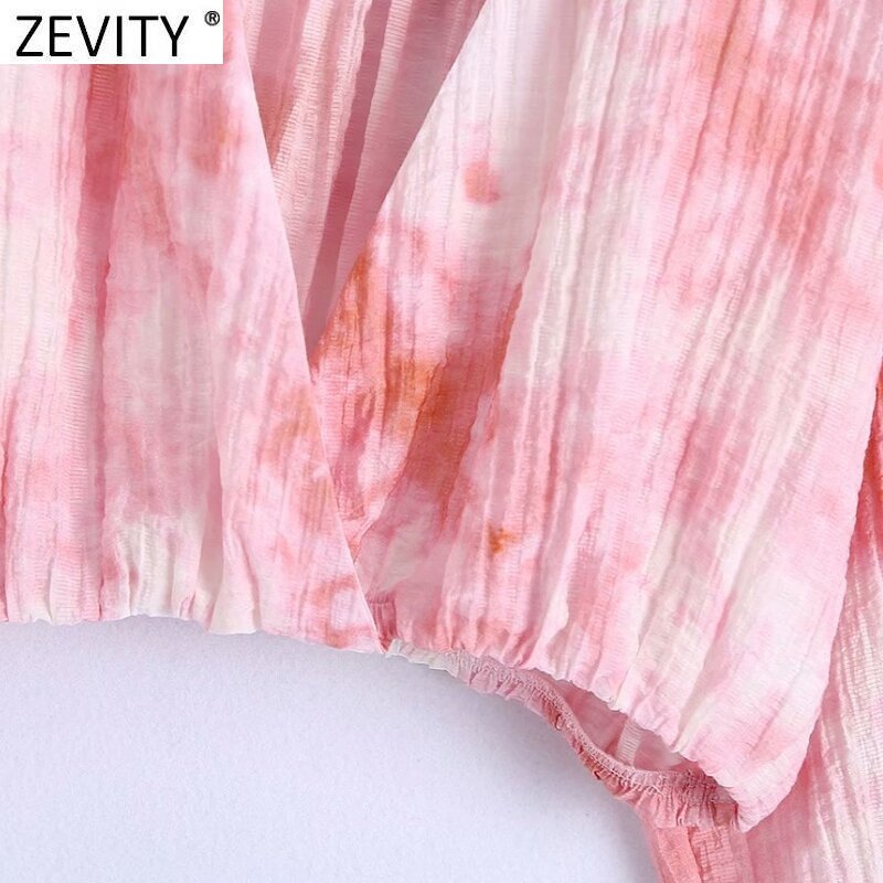 Zevity ใหม่ผู้หญิง Vintage V คอสีชมพูผูกย้อมพิมพ์ Smock เสื้อหญิง Kimono เสื้อ Chic Slim Blusas Crop เสื้อ LS9281