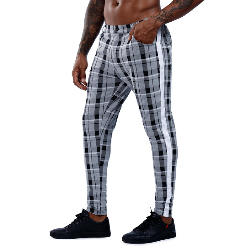 Pantalones Chinos ajustados de algodón para hombre, ropa informal, a cuadros, con rayas laterales, longitud hasta el tobillo, color gris