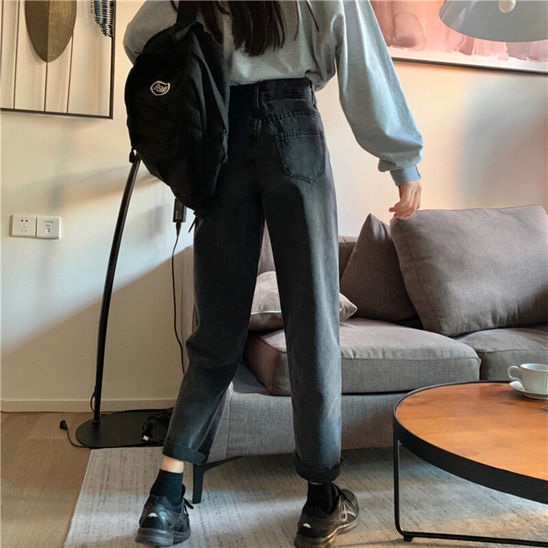 Musim Semi/Musim Panas 2021 Mode 9-Point Jeans Lurus Ukuran Wanita Gaya Hong Kong Pinggang Tinggi Ramping Lemak Mm Longgar Celana Joker Mengenai