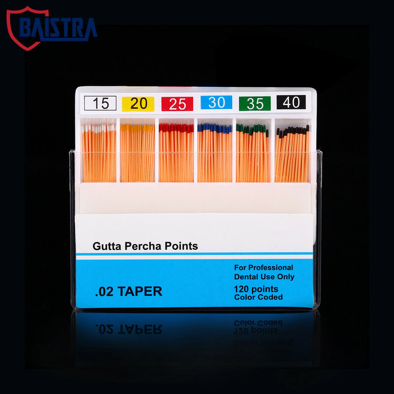 Boîte de 120 Points dentaires Gutta Percha, taille 0.02, 15 #20 #25 #30 #35 #40 #, code de couleur