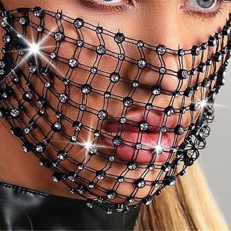 Masque de bijoux en maille noire et voile de strass pour femmes, décoration luxueuse en cristal scintillant, pour fête de bal, nouvelle collection 2020