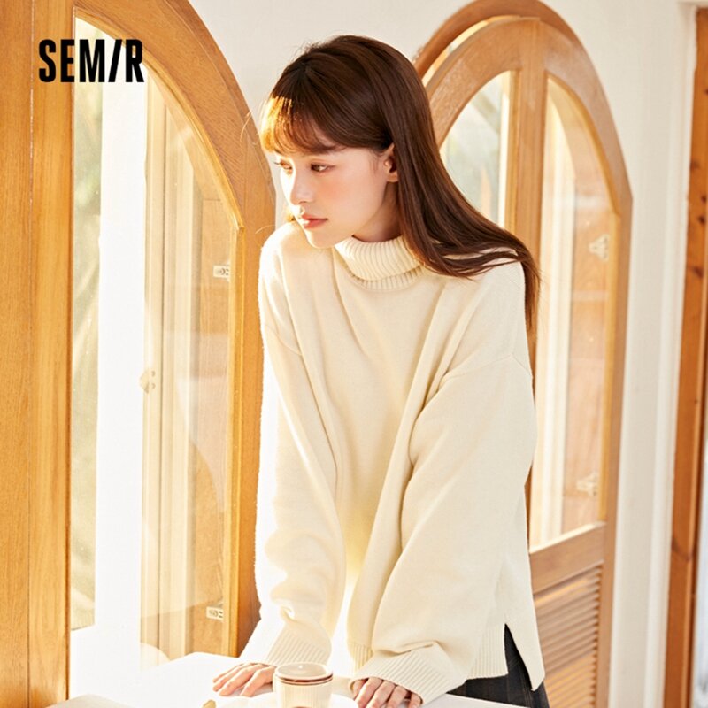 SEMIR-suéter de punto para mujer, Jersey holgado con Cuello medio alto, mangas farol, básico, para ir al trabajo, Color sólido, nuevo, para invierno
