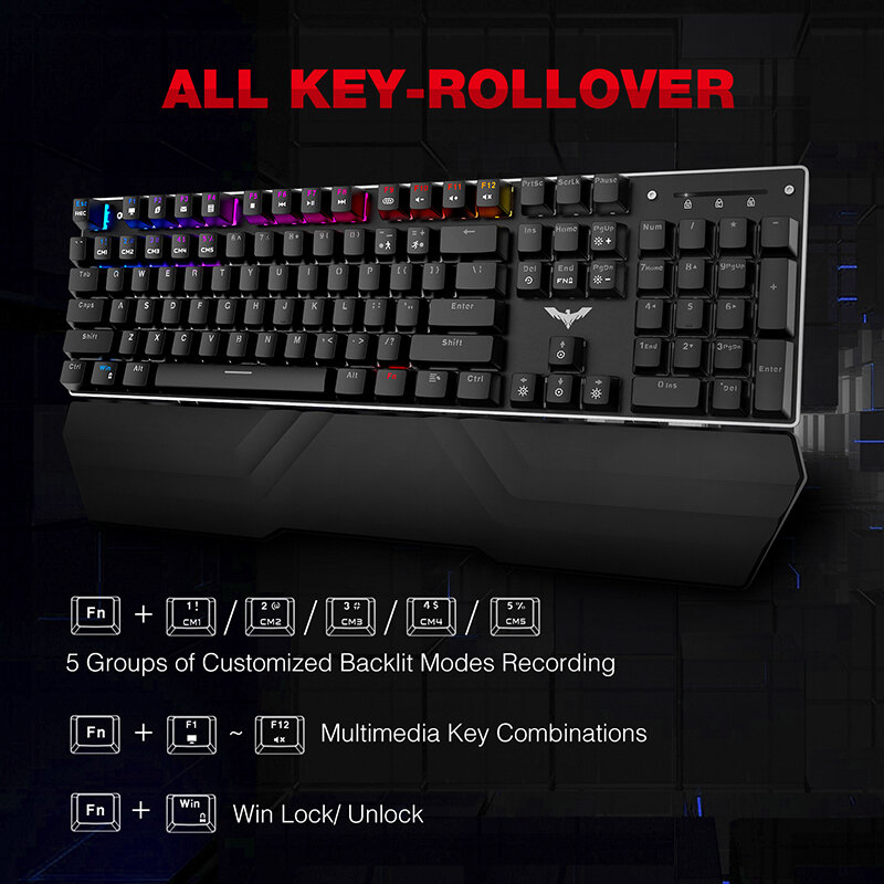Havit jogo teclado mecânico 104 teclas rgb luz azul/vermelho interruptor com fio teclado ou teclado mouse definir ru/versão em inglês