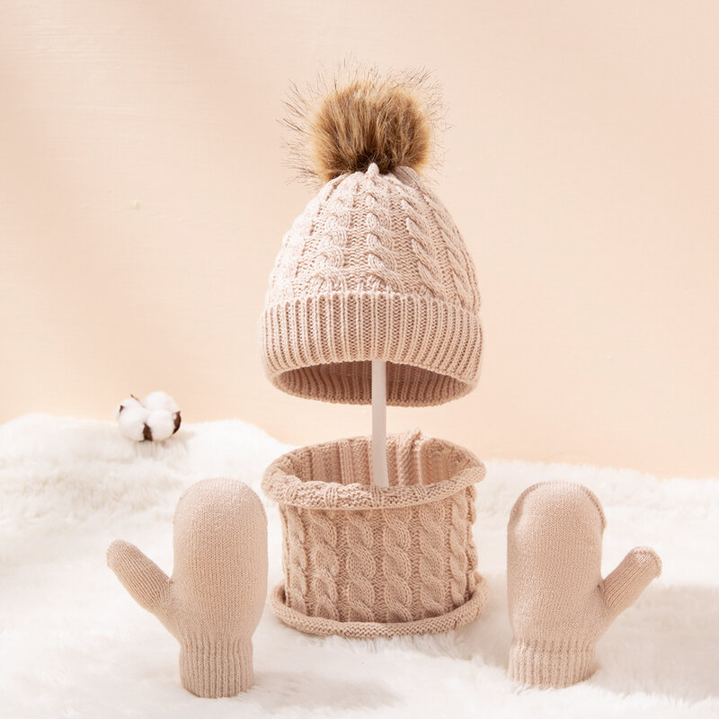 Conjunto de 3 unids/set de guantes de lana para niño y niña, gorro cálido de punto, bufanda, gorros gruesos y bufandas para bebé
