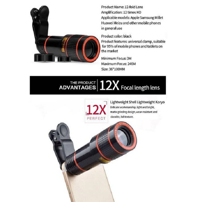 Objectif Macro HD à Zoom optique 12x 8x avec capuchon d'objectif, Clip de téléphone pour Smartphone, objectif d'appareil photo, accessoires de remplacement
