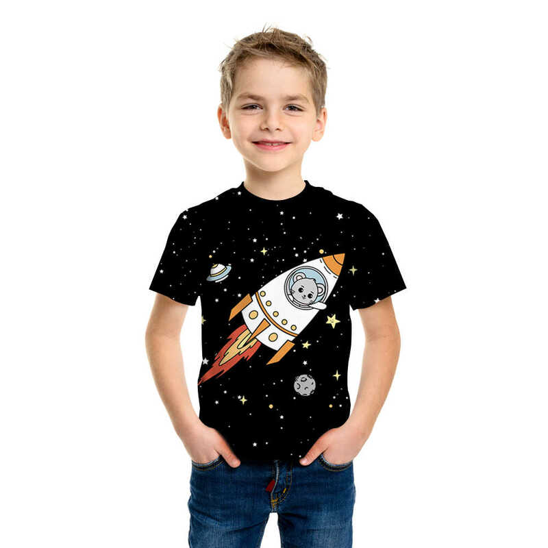 2021 Summer Cosmos Planet Space Galaxy Astronaut 3d T-shirt Children's Moon Pattern Print Fashion Starry Boys Round Neck Short S