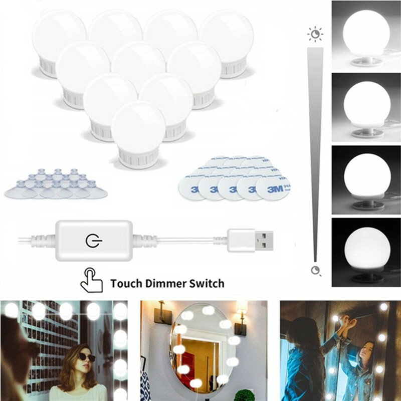 5v led化粧鏡電球ハリウッドメイクバニティライトusb壁ランプ2/6/10/14個調光対応ドレッシングテーブルミラーランプ