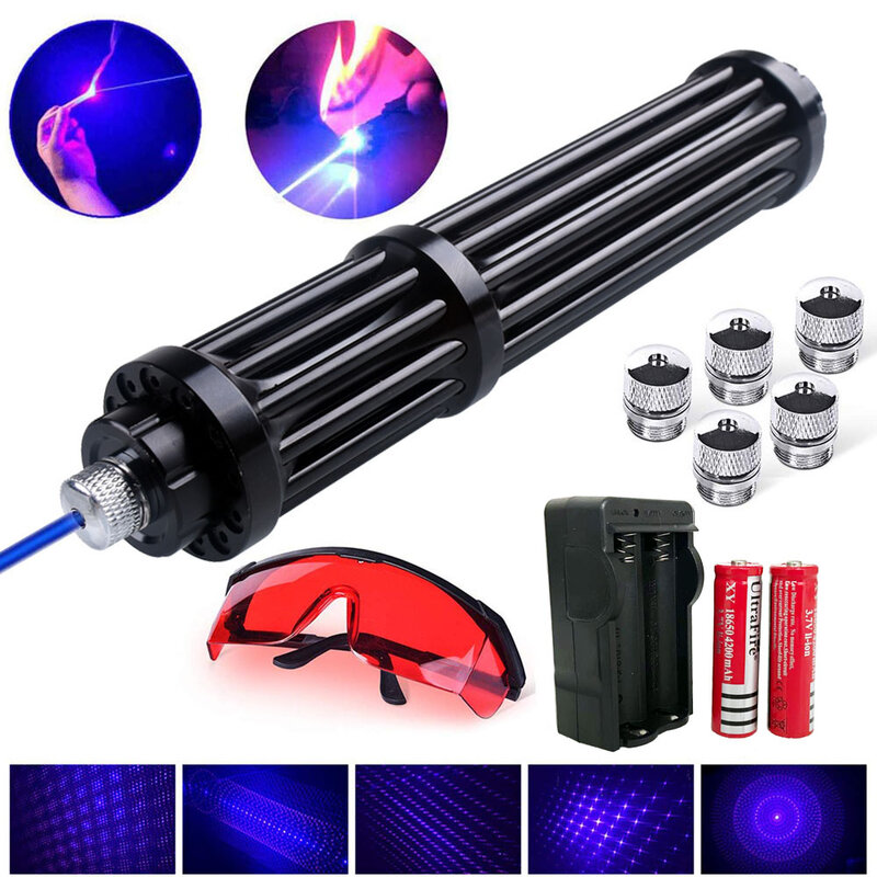Pointeurs Laser bleus allongés haute puissance 1.6W, stylo Laser 18650 nm, lampe de vue, correspondance de combustion/gravure de cigares, batterie incluse