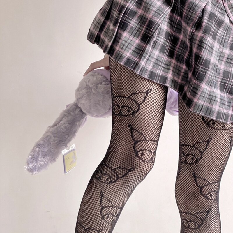 Japanese Anime Lolita Pantyhose Cartoon Devil Pattern Jacquard Tights Gothic Women Hollow Out Mesh Fishnet Stockings