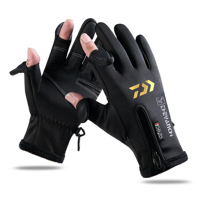 Winter Fishing Gloves Two-Finger Waterproof Windproof Men Gloves Warm Protection Bike Touch Screen Plus Fleece Fishing Gloves