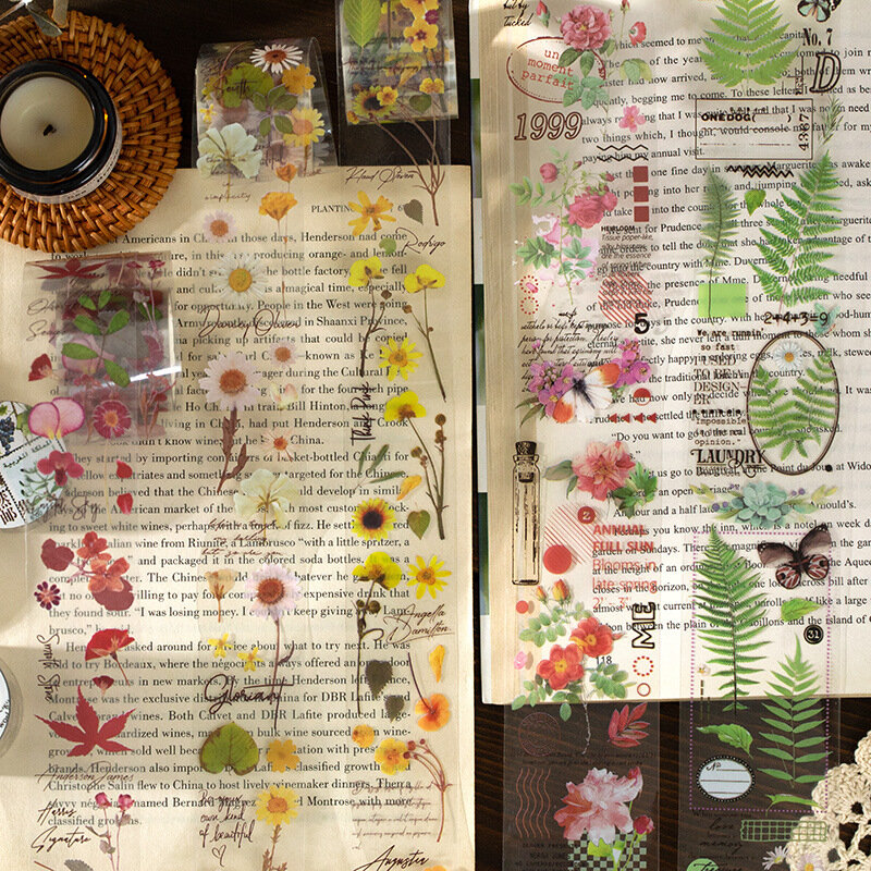 1pc Floral Series PET Journal Washi Tape DIY Scrapbooking Sticker Label Kawaii Daisy Strawberry Rose Butterfly PET Masking Tape
