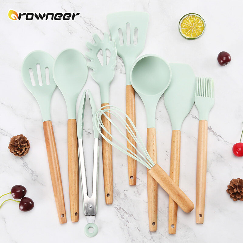 9/11Pcs Silicone Kitchen Set Wooden Cooking Accessories Spatula Ladle Spoons Heat Resistant Green Multifunction Utensils Tools