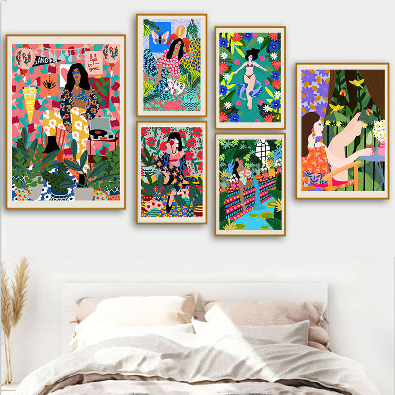 열 대 추상 다채로운 모로코 패션 소녀 자동차 벽 아트 인쇄 캔버스 회화 북유럽 포스터 장식 사진 거실