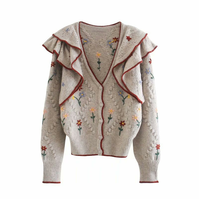 Mulheres elegantes em cascata babados camisola 2020 moda senhoras bordados florais casaco de malha streetwear feminino chique listrado jaqueta