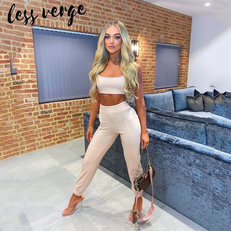 Lessverge Two-piece suit knitted fitness jumpsuit romper Women cropped autumn winter sexy playsuit Casual streetwear overalls