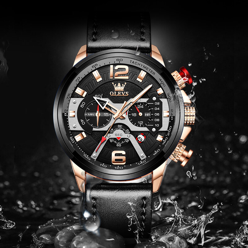 OLEVS Men's Army Sports Chronograph Quartz Watches Leather Strap Luminous Waterproof Wristwatch Man Relogios Clock Reloj Hombre