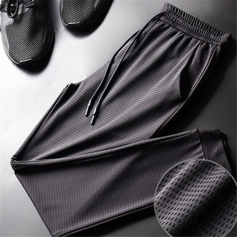 Pantalones de correr de seda fina para hombre, ropa deportiva transpirable para gimnasio, para correr, para verano, 2021