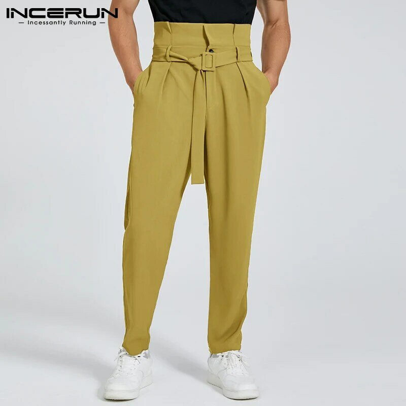 INCERUN-Pantalones elegantes para hombre, de Color sólido pantalón largo, sencillo y combinable con todo, con bolsillos y cordones, S-5XL 2021