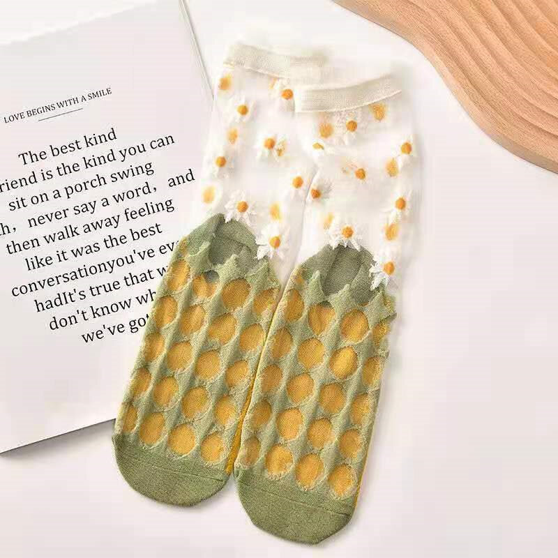 Super quente senhoras moda meias de seda para o verão novo ultra-fino impressão flores transparente pilha de meias mulher bonito meias irregulares