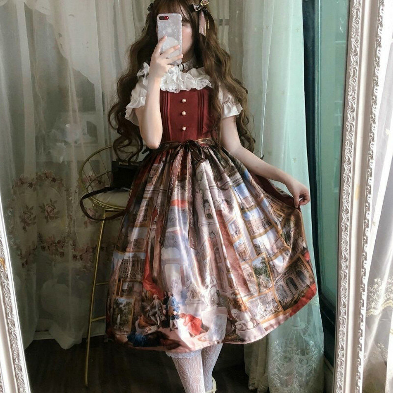 Gaun Pesta Teh Anak Perempuan Jepang Gaun Jsk Putri Lolita Antik Lukisan Minyak Istana Harajuku Gaun Busur Wanita