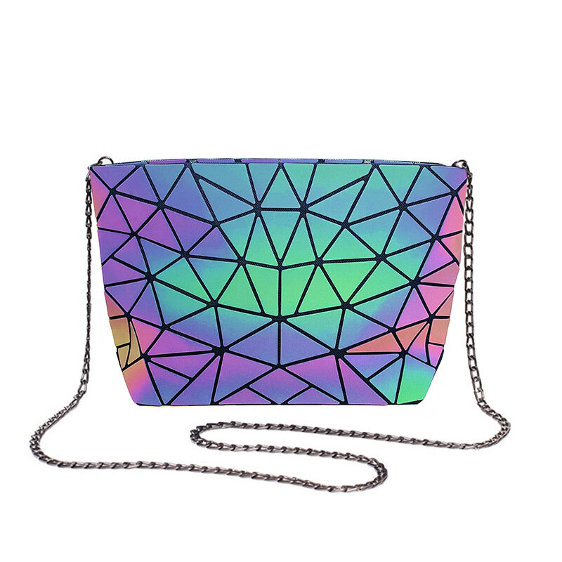 Crocrogo frauen Geometrische Leucht Schulter Handtaschen Mädchen Marke Mode Reflektierende Kosmetische Bote Metall Kette Geldbörse Taschen