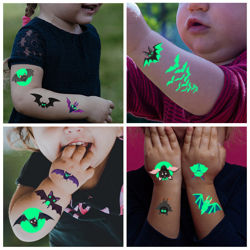 Светящаяся тату-наклейка на Хэллоуин, летучая мышь, светящаяся в темноте, водонепроницаемая имитация татуировки для детей, милые Временные татуировки для детей