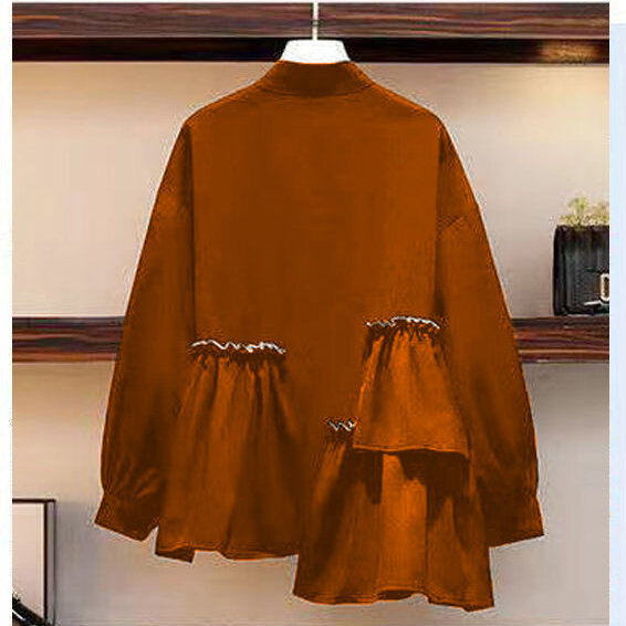 Camisa esponjosa de manga larga con botones para mujer, camisa de cuello levantado irregular, color sólido, costura suelta, estilo exterior