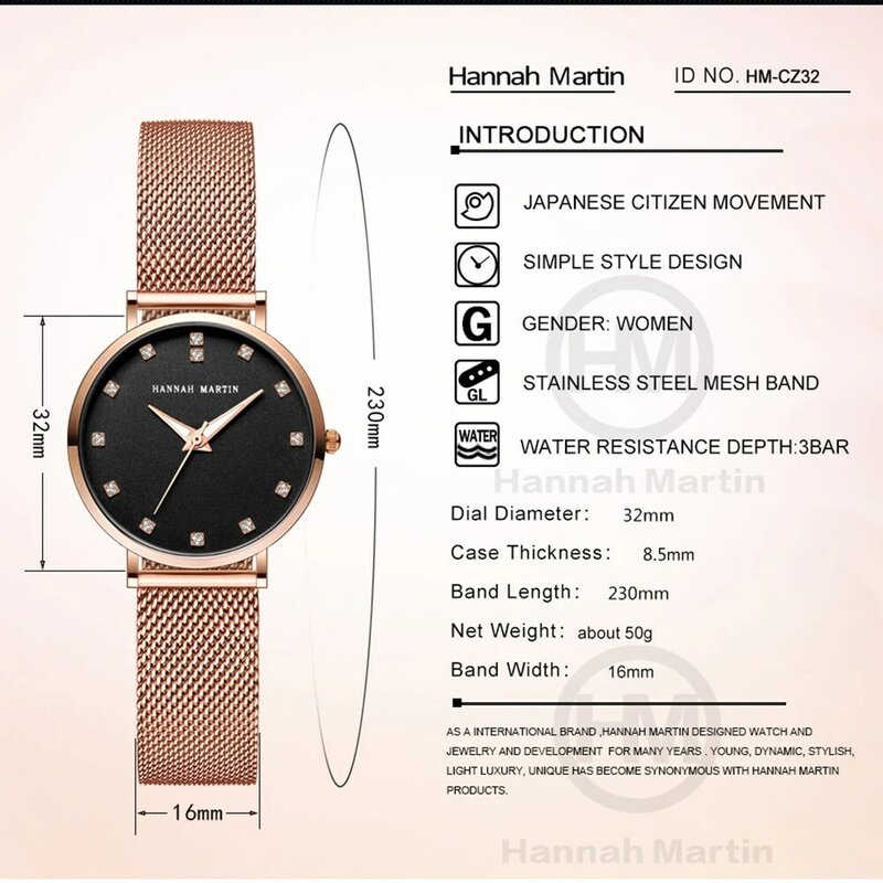 Hannah Martin-Reloj de pulsera clásico para mujer, de lujo, oro rosa, acero inoxidable, con correa de malla, calidad