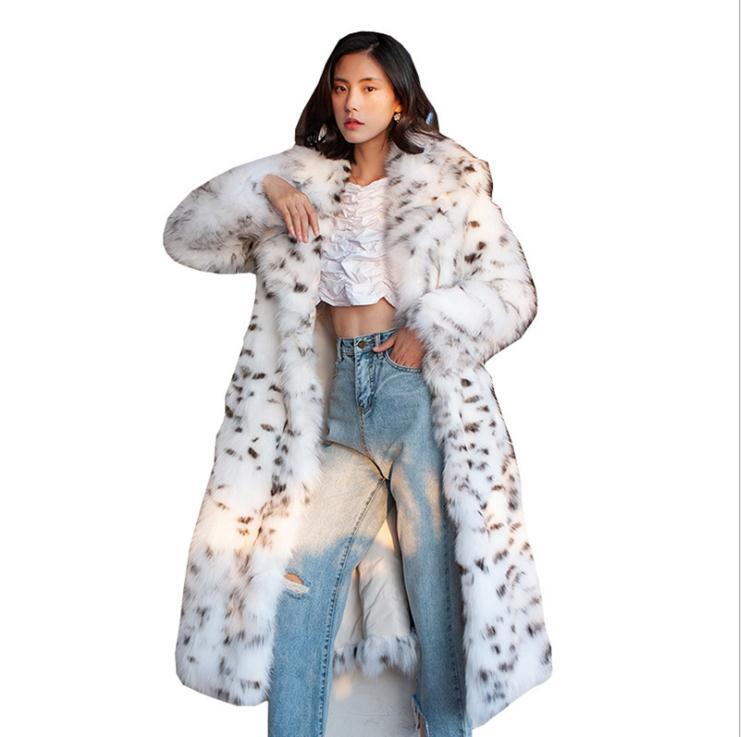 Nowy S/9Xl kobiety zima biały włochaty Shaggy sztuczne futro z lisa płaszcz w prążki lamparcie z długim rękawem Furry kobiety kolano długość kurtka odzież wierzchnia K1387