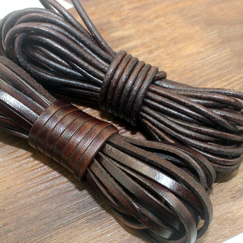 Cordão retrô de couro genuíno de 1.5-10mm, corda de couro de vaca plana de alta qualidade, corda para colar, pulseira, fabricação de jóias diy