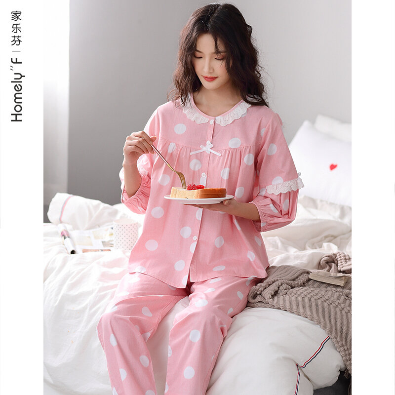 Pajamas WOMEN'S Spring and Summer Long Sleeve Cotton Clothing Cotton Spring and Autumn Thin Air Conditioning Room Clothes XL Set
