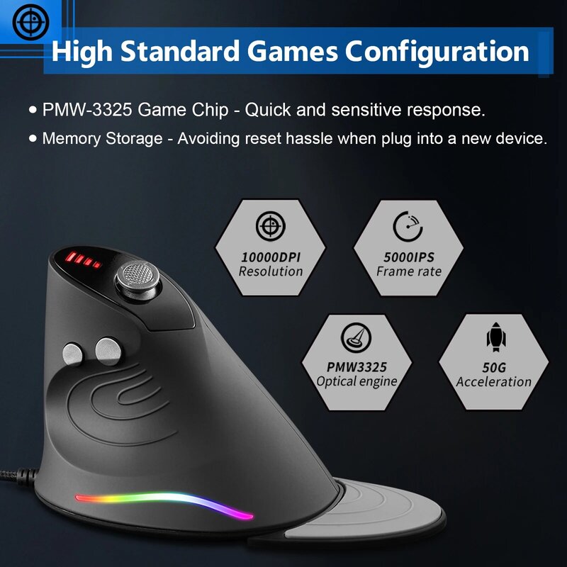 Souris optique de jeu verticale filaire, 10000DPI, 5 Modes, lumière rvb, pour ordinateur de bureau, PC portable et Gamer, verticale, C-10