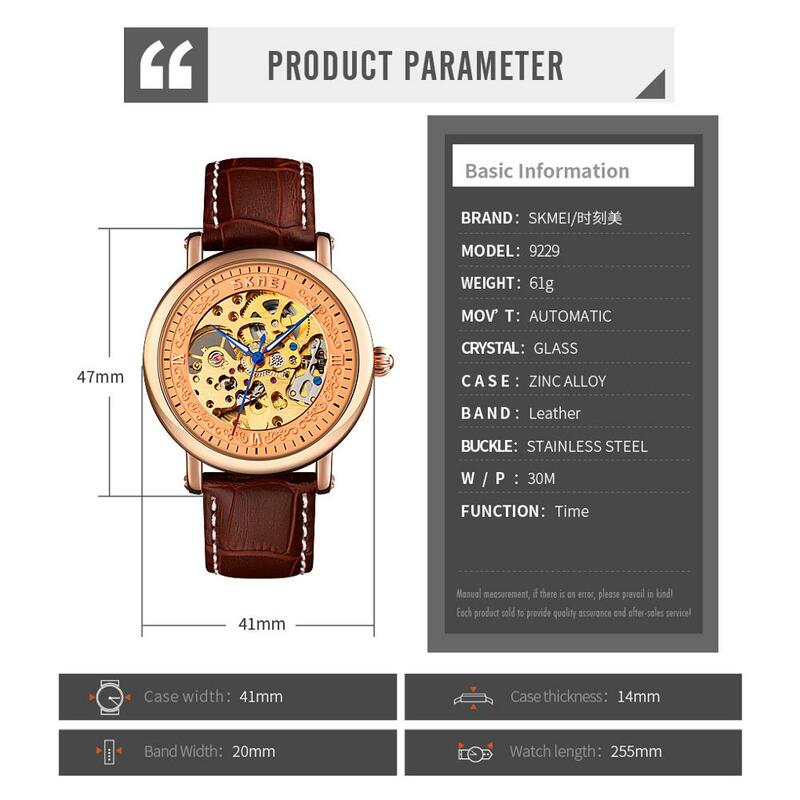 SKMEI-montre-bracelet automatique pour hommes, Simple et ajouré à grand cadran mécanique, bracelet en cuir étanche, 9229