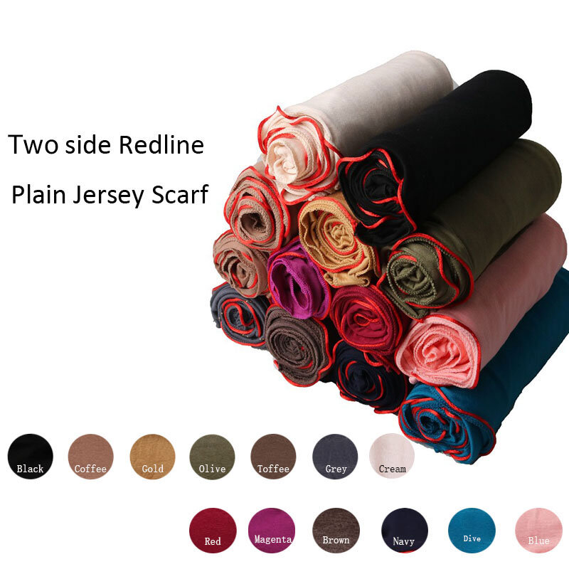 RedlineSGM 180*80Cm Syal Jersey Polos Garis Merah Dua Sisi Syal Panjang Bahan Lembut Syal Hijab Wanita Trendi Warna Polos
