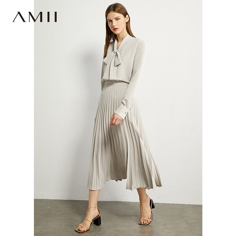 AMII-Conjunto Minimalista para Mujer, Camisa Holgada de Manga Larga con Cuello de lazo y Falda plisada de Cintura Alta, a la Moda, para Otoño, 12040337