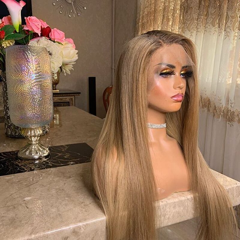 Perruque Lace Front wig lisse naturelle Remy, cheveux longs, ombrés, blond miel, 13x6, pre-plucked, avec sangle réglable, pour femmes