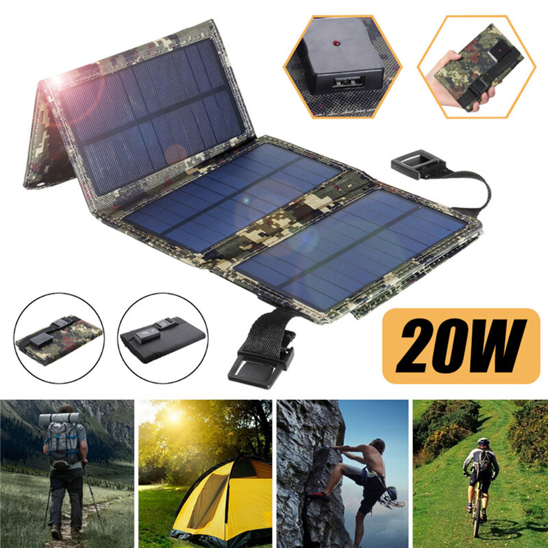 Painel solar portátil dobrável, 20w, usb, à prova d'água, carregador de bateria, equipamento para atividades ao ar livre