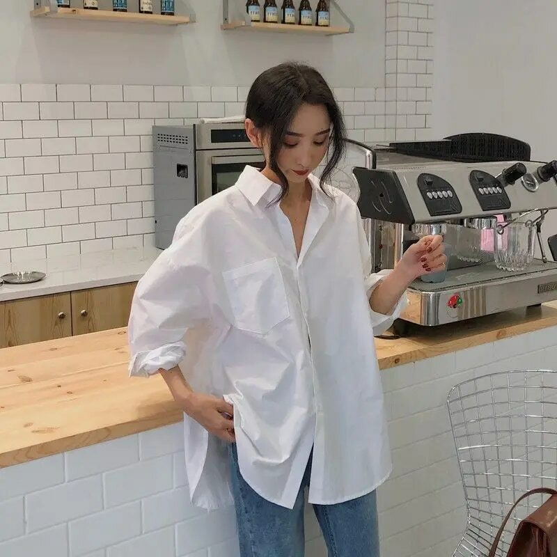 Mulheres camisas brancas rosa liso jika 2021 outono solto blusas de grandes dimensões feminino topos roupa estilo coreano bolsos casuais